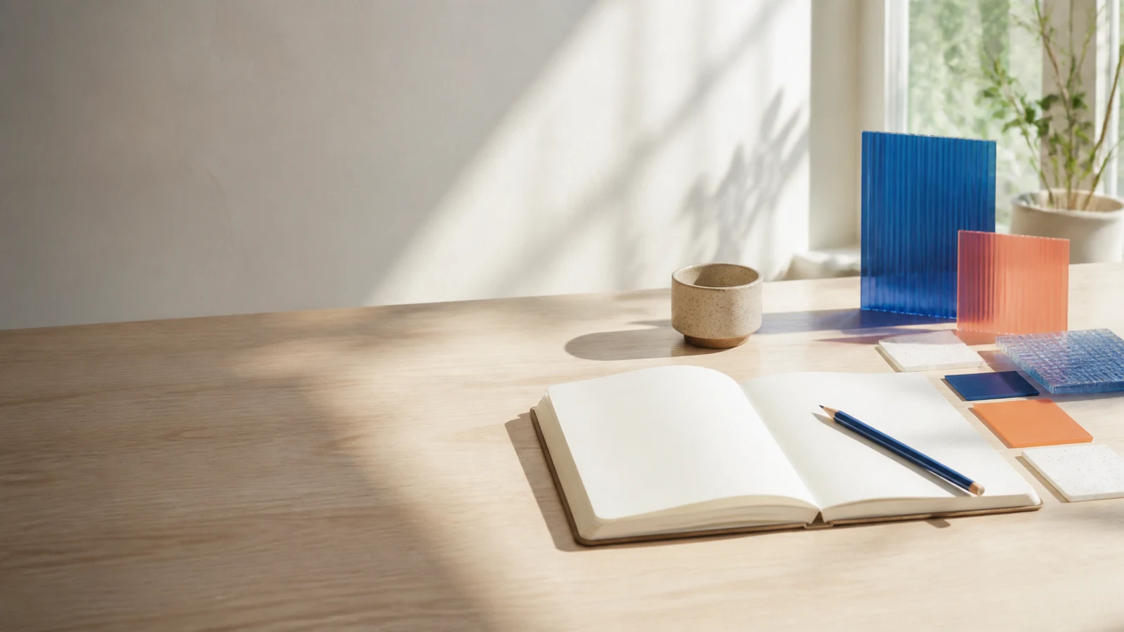 Blog header AI prompt example with a blank notebook and left-side copy space