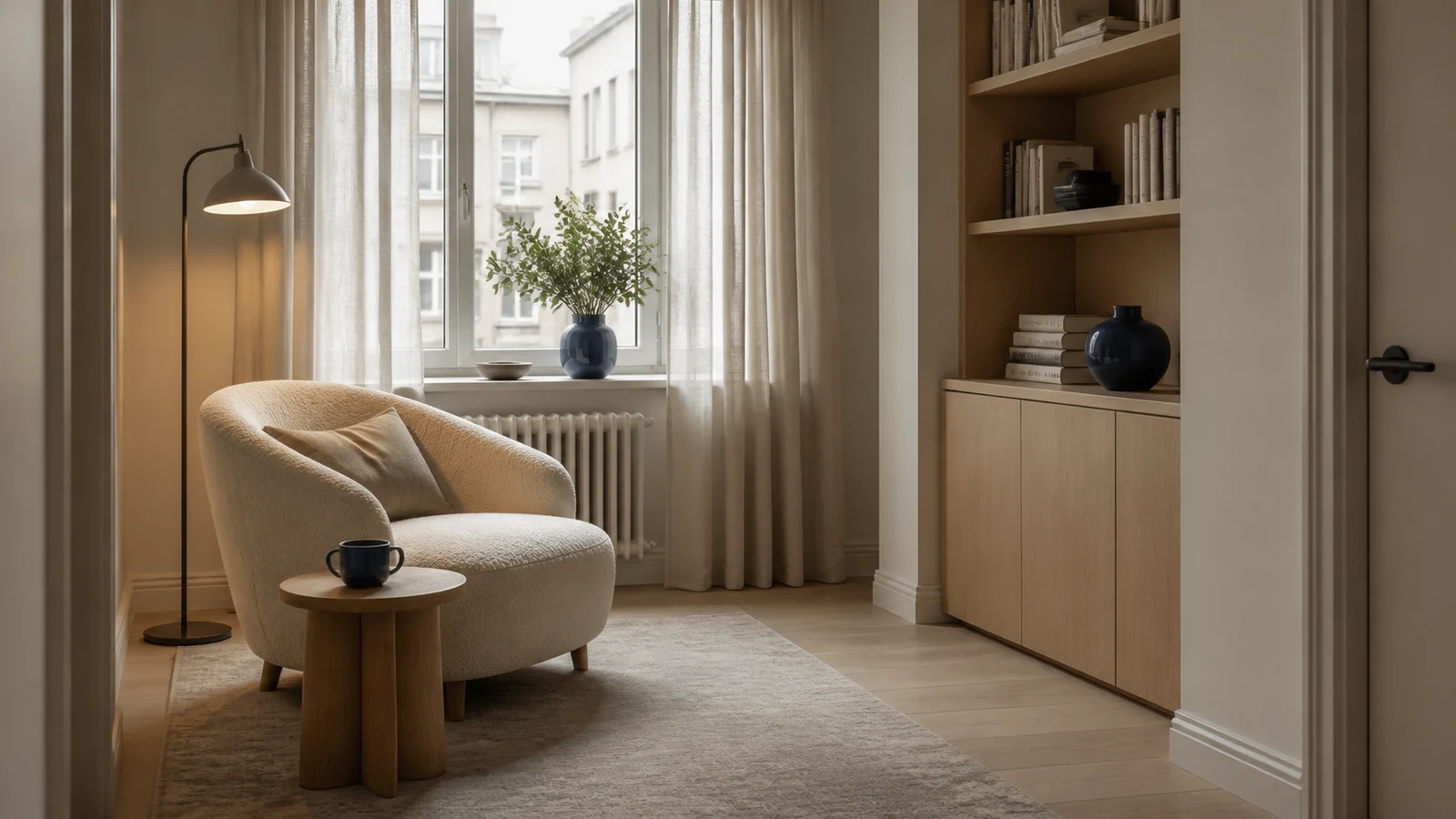 Interior design AI prompt example for a compact Scandinavian reading room