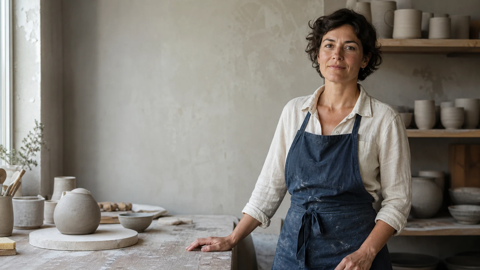 AI portrait prompt example of a ceramic artist in a daylight studio