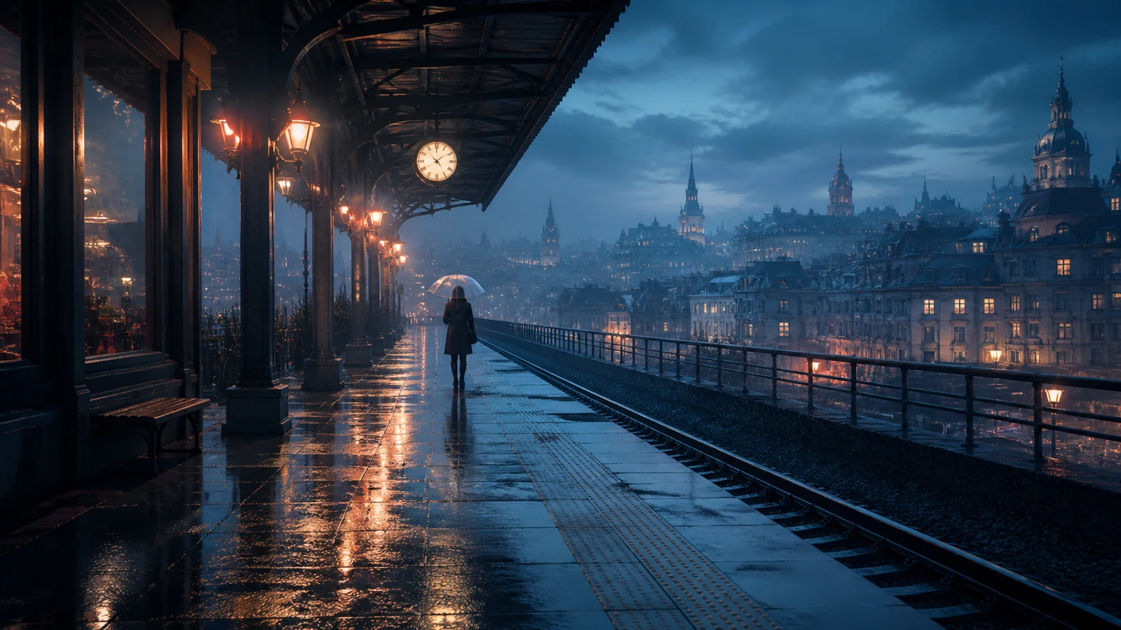 AI generated cinematic concept art of a rainy elevated station