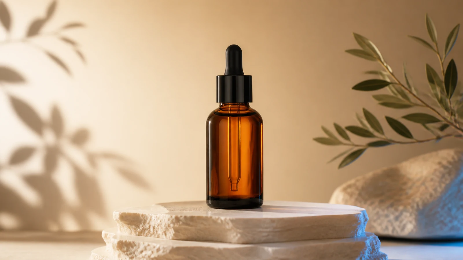 AI generated product advertisement with an amber skincare bottle